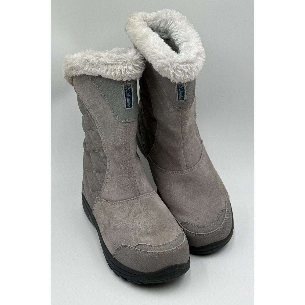 Columbia Ice Maiden II Gray Suede/Fabric Faux Fur Trim‎ Slip-On Snow Boots 5.5